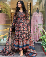 Thumbnail for Malishka Women's Embroidered Cotton Blend Kurti With Pant & Dupatta Set - Black - Distacart