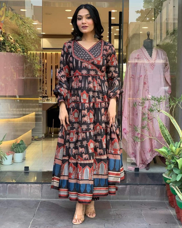 Malishka Women's Embroidered Cotton Blend Kurti With Pant & Dupatta Set - Black - Distacart