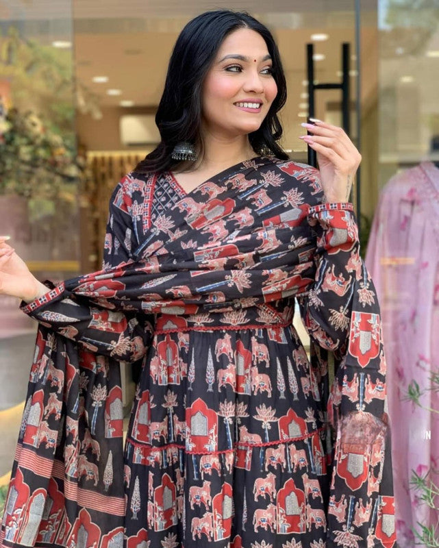 Malishka Women's Embroidered Cotton Blend Kurti With Pant & Dupatta Set - Black - Distacart
