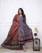 Thumbnail for Malishka Women's Embroidered Cotton Blend Kurti With Pant & Dupatta Set - Blue - Distacart