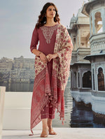 Thumbnail for Avantini Women's Brown Cotton Silk Embroidered Straight Kurta Pant With Dupatta - Distacart