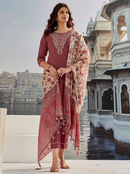 Avantini Women's Brown Cotton Silk Embroidered Straight Kurta Pant With Dupatta - Distacart