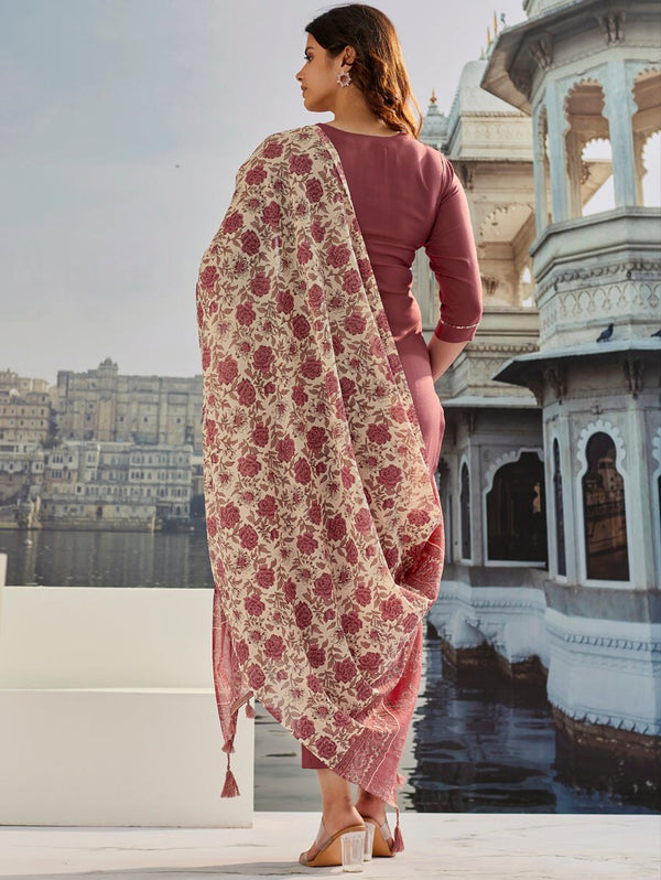 Avantini Women's Brown Cotton Silk Embroidered Straight Kurta Pant With Dupatta - Distacart