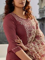 Thumbnail for Avantini Women's Brown Cotton Silk Embroidered Straight Kurta Pant With Dupatta - Distacart