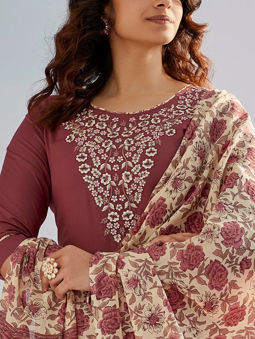 Avantini Women's Brown Cotton Silk Embroidered Straight Kurta Pant With Dupatta - Distacart