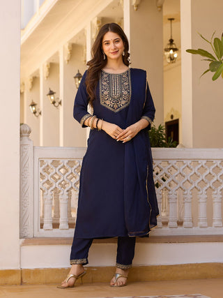 Avantini Women's Navy Blue Rayon Embroidered Straight Kurta Pant With Dupatta - Distacart