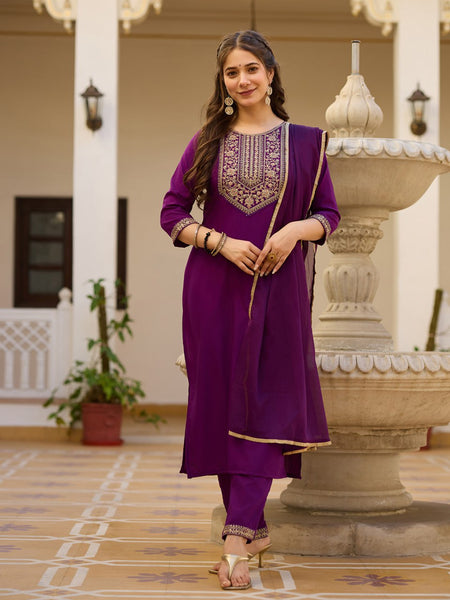 Avantini Women's Purple Rayon Embroidered Straight Kurta Pant With Dupatta - Distacart