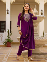 Thumbnail for Avantini Women's Purple Rayon Embroidered Straight Kurta Pant With Dupatta - Distacart