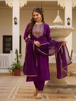 Thumbnail for Avantini Women's Purple Rayon Embroidered Straight Kurta Pant With Dupatta - Distacart