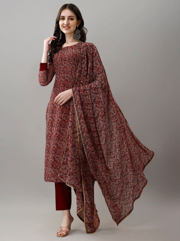 Avantini Women's Maroon Faux Georgette Embroidered Straight Kurta Pant With Dupatta - Distacart