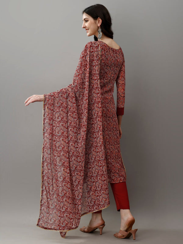Avantini Women's Maroon Faux Georgette Embroidered Straight Kurta Pant With Dupatta - Distacart