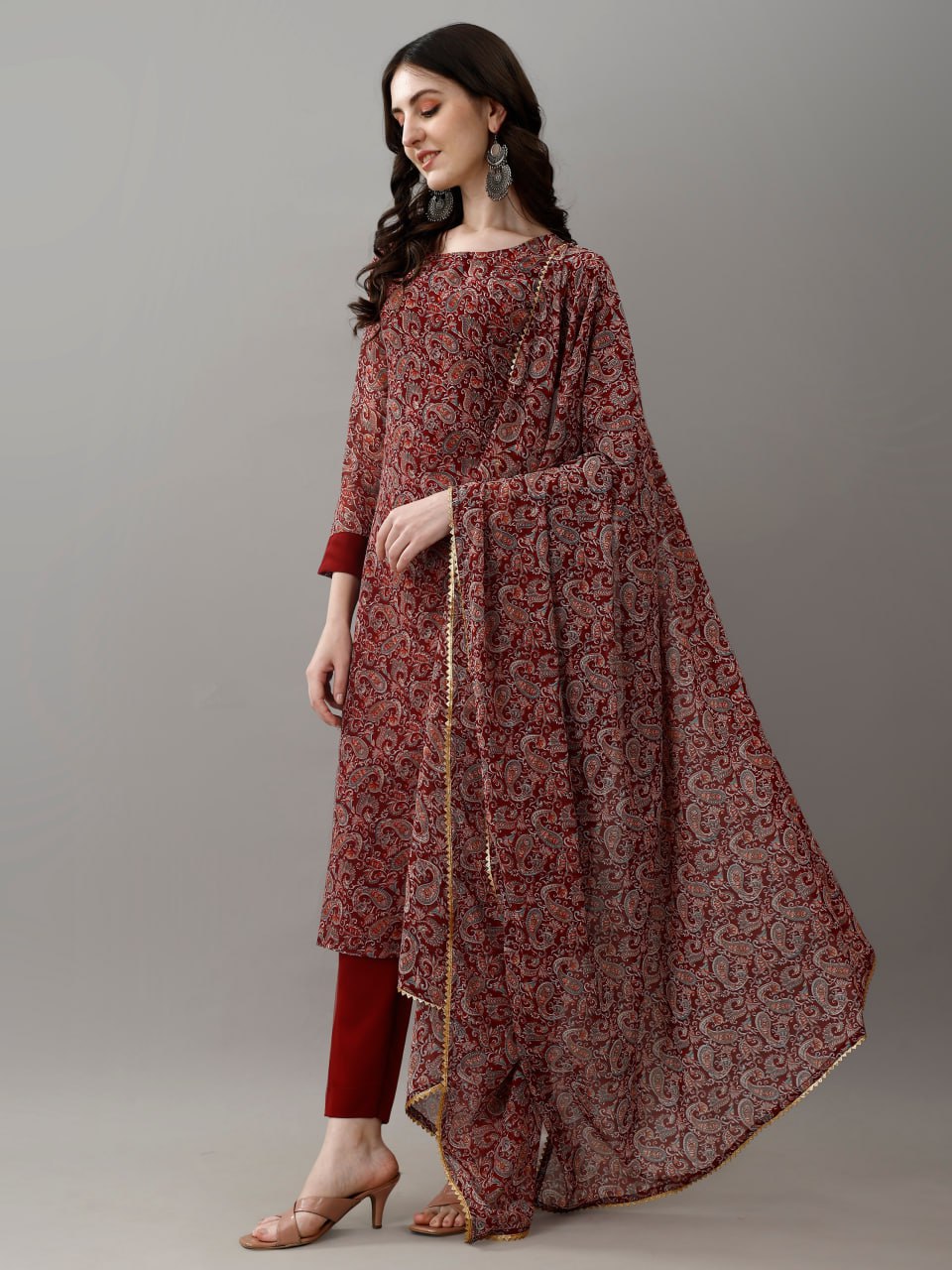Avantini Women's Maroon Faux Georgette Embroidered Straight Kurta Pant With Dupatta - Distacart