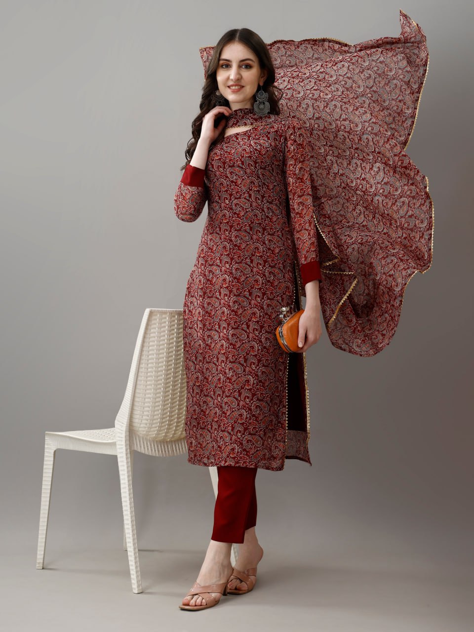 Avantini Women's Maroon Faux Georgette Embroidered Straight Kurta Pant With Dupatta - Distacart