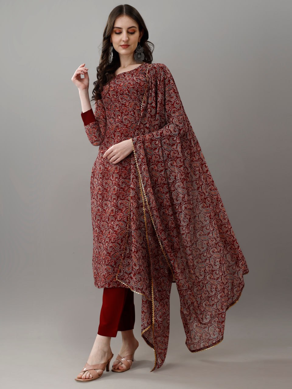 Avantini Women's Maroon Faux Georgette Embroidered Straight Kurta Pant With Dupatta - Distacart