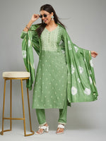 Thumbnail for Malishka Women's Rayon Rubber Printed Straight Kurta with Pant And Dupatta Set - Pista - Distacart