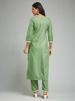 Thumbnail for Malishka Women's Rayon Rubber Printed Straight Kurta with Pant And Dupatta Set - Pista - Distacart