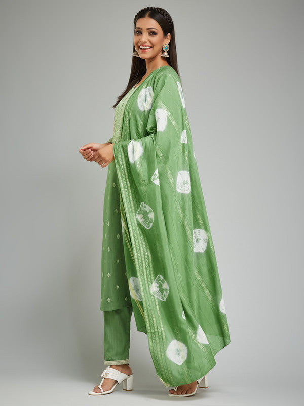 Malishka Women's Rayon Rubber Printed Straight Kurta with Pant And Dupatta Set - Pista - Distacart