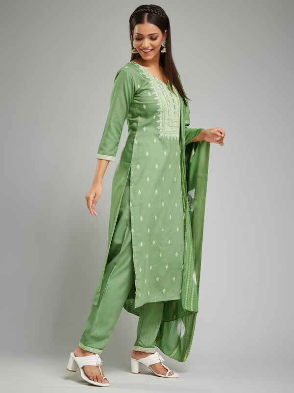 Malishka Women's Rayon Rubber Printed Straight Kurta with Pant And Dupatta Set - Pista - Distacart