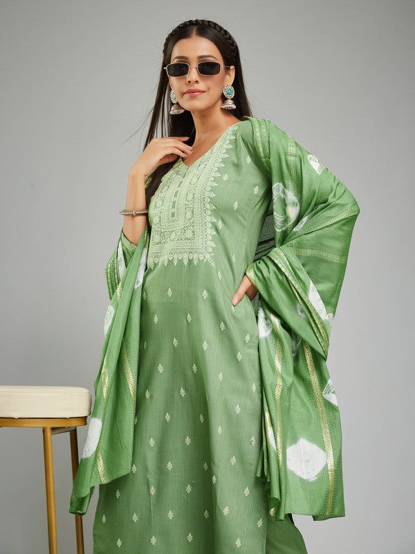 Malishka Women's Rayon Rubber Printed Straight Kurta with Pant And Dupatta Set - Pista - Distacart