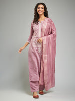 Thumbnail for Malishka Women's Viscose Chanderi Printed Straight Kurta with Pant And Dupatta Set - Peach - Distacart