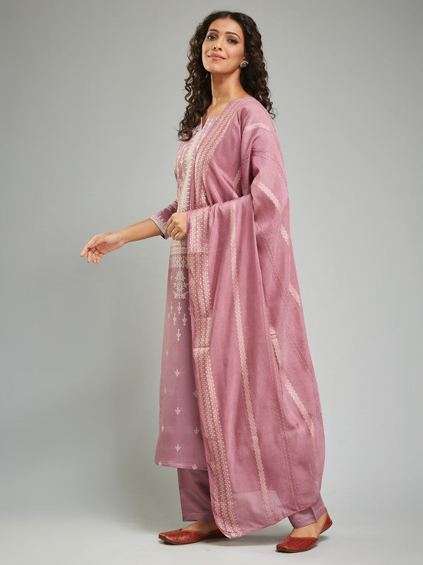 Malishka Women's Viscose Chanderi Printed Straight Kurta with Pant And Dupatta Set - Peach - Distacart
