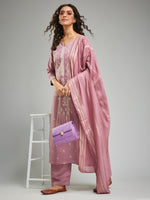 Thumbnail for Malishka Women's Viscose Chanderi Printed Straight Kurta with Pant And Dupatta Set - Peach - Distacart