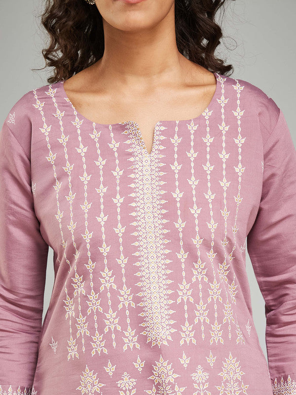 Malishka Women's Viscose Chanderi Printed Straight Kurta with Pant And Dupatta Set - Peach - Distacart