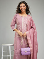 Thumbnail for Malishka Women's Viscose Chanderi Printed Straight Kurta with Pant And Dupatta Set - Peach - Distacart