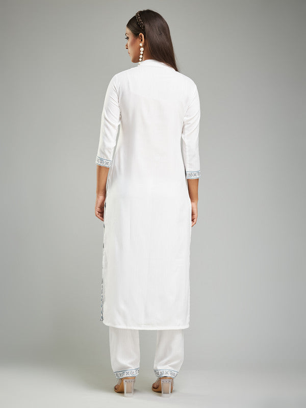 Malishka Women's Rayon Khadi Printed Straight Kurta with Pant And Dupatta Set - White - Distacart