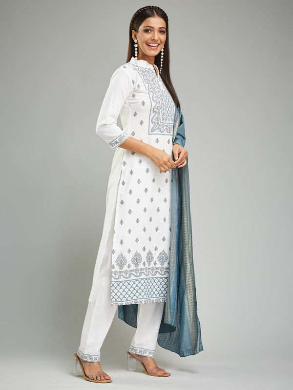 Malishka Women's Rayon Khadi Printed Straight Kurta with Pant And Dupatta Set - White - Distacart