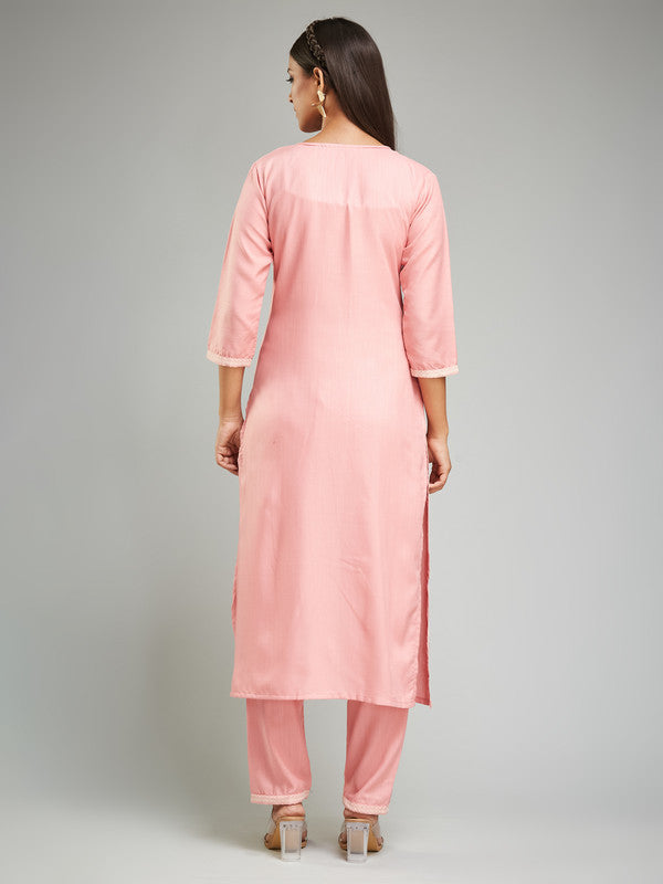 Malishka Women's Rayon Khadi Printed Straight Kurta with Pant And Dupatta Set - Peach - Distacart