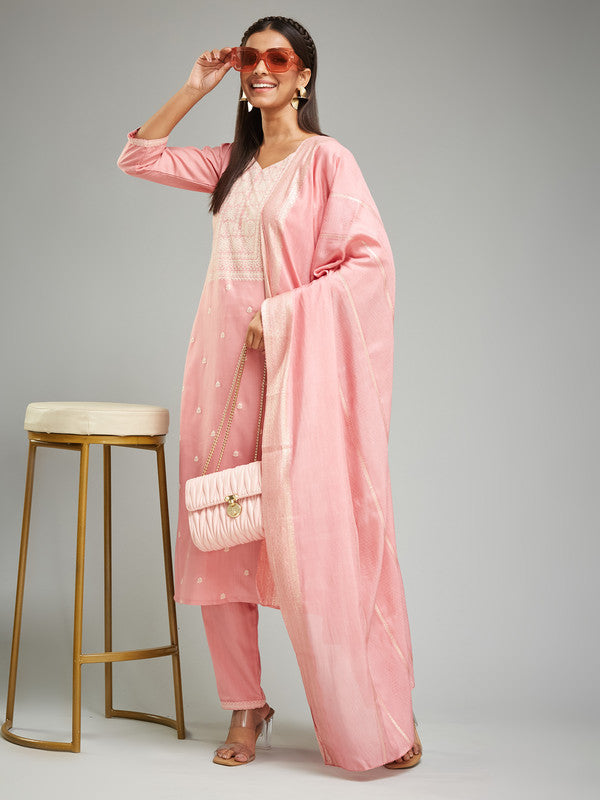 Malishka Women's Rayon Khadi Printed Straight Kurta with Pant And Dupatta Set - Peach - Distacart