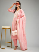Thumbnail for Malishka Women's Rayon Khadi Printed Straight Kurta with Pant And Dupatta Set - Peach - Distacart