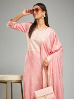 Thumbnail for Malishka Women's Rayon Khadi Printed Straight Kurta with Pant And Dupatta Set - Peach - Distacart