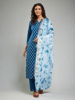 Thumbnail for Malishka Women's Rayon Khadi Printed Straight Kurta with Pant And Dupatta Set - Petrol - Distacart
