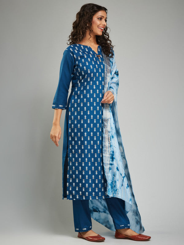 Malishka Women's Rayon Khadi Printed Straight Kurta with Pant And Dupatta Set - Petrol - Distacart