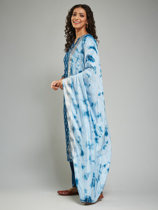 Malishka Women's Rayon Khadi Printed Straight Kurta with Pant And Dupatta Set - Petrol - Distacart