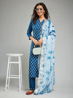 Thumbnail for Malishka Women's Rayon Khadi Printed Straight Kurta with Pant And Dupatta Set - Petrol - Distacart