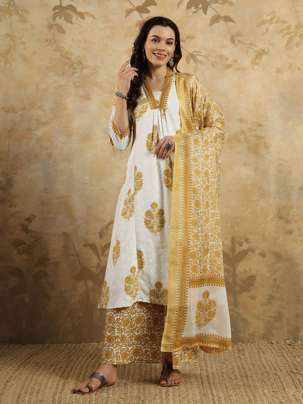 Malishka Women's Cotton Blend Printed Straight Kurta with Pant And Dupatta Set - Mustard - Distacart