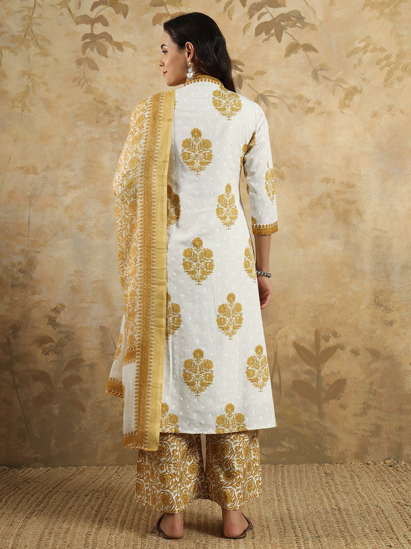 Malishka Women's Cotton Blend Printed Straight Kurta with Pant And Dupatta Set - Mustard - Distacart