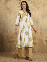 Thumbnail for Malishka Women's Cotton Blend Printed Straight Kurta with Pant And Dupatta Set - Mustard - Distacart