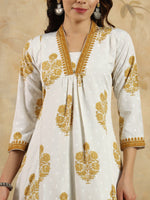 Thumbnail for Malishka Women's Cotton Blend Printed Straight Kurta with Pant And Dupatta Set - Mustard - Distacart