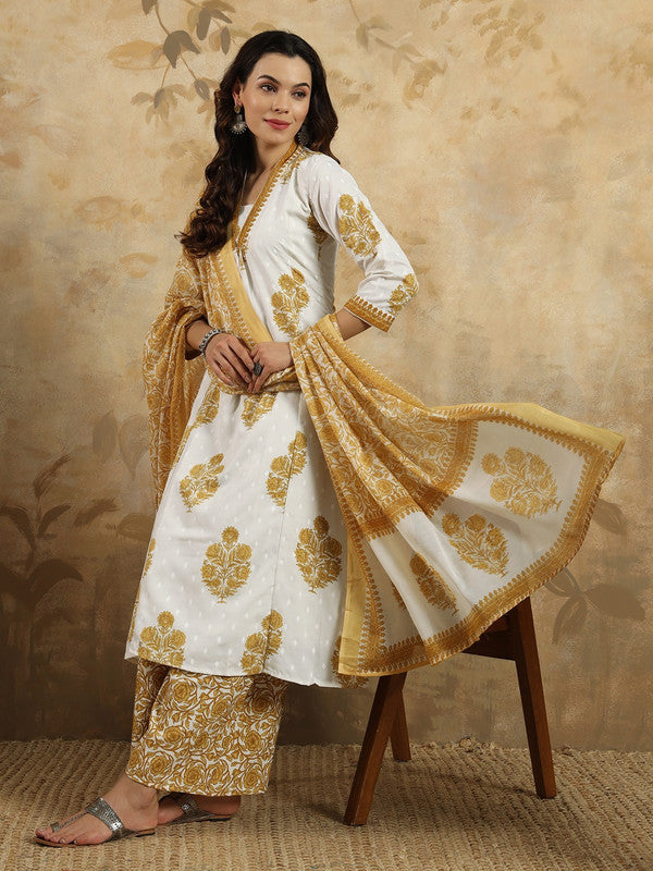 Malishka Women's Cotton Blend Printed Straight Kurta with Pant And Dupatta Set - Mustard - Distacart