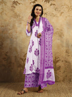 Thumbnail for Malishka Women's Cotton Blend Printed Straight Kurta with Pant And Dupatta Set - Purple - Distacart