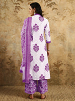 Thumbnail for Malishka Women's Cotton Blend Printed Straight Kurta with Pant And Dupatta Set - Purple - Distacart