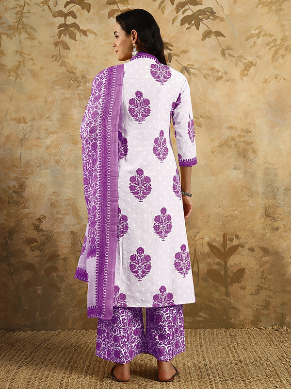 Malishka Women's Cotton Blend Printed Straight Kurta with Pant And Dupatta Set - Purple - Distacart