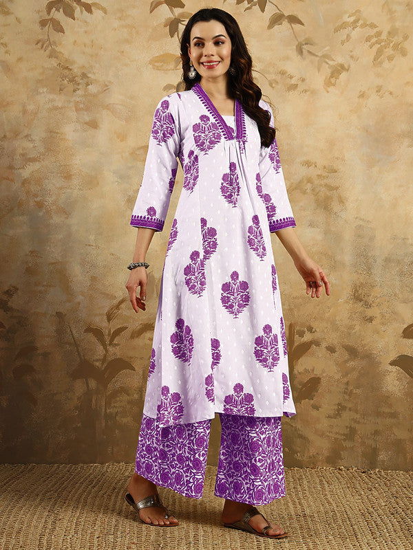 Malishka Women's Cotton Blend Printed Straight Kurta with Pant And Dupatta Set - Purple - Distacart