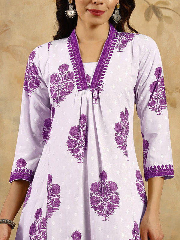 Malishka Women's Cotton Blend Printed Straight Kurta with Pant And Dupatta Set - Purple - Distacart