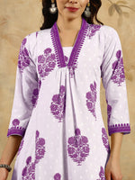Thumbnail for Malishka Women's Cotton Blend Printed Straight Kurta with Pant And Dupatta Set - Purple - Distacart