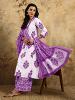 Thumbnail for Malishka Women's Cotton Blend Printed Straight Kurta with Pant And Dupatta Set - Purple - Distacart